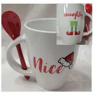 Reversible Naughty or Nice Mug and Stirring Spoon Holiday Coffee Cup